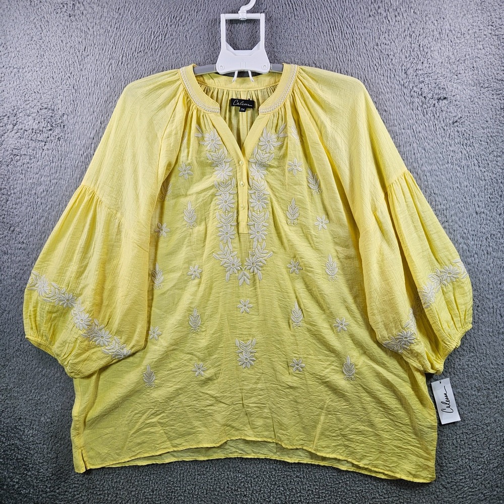 NEW Calessa Embroidered Top Blouse Women 3X White Floral Split Neck Yellow